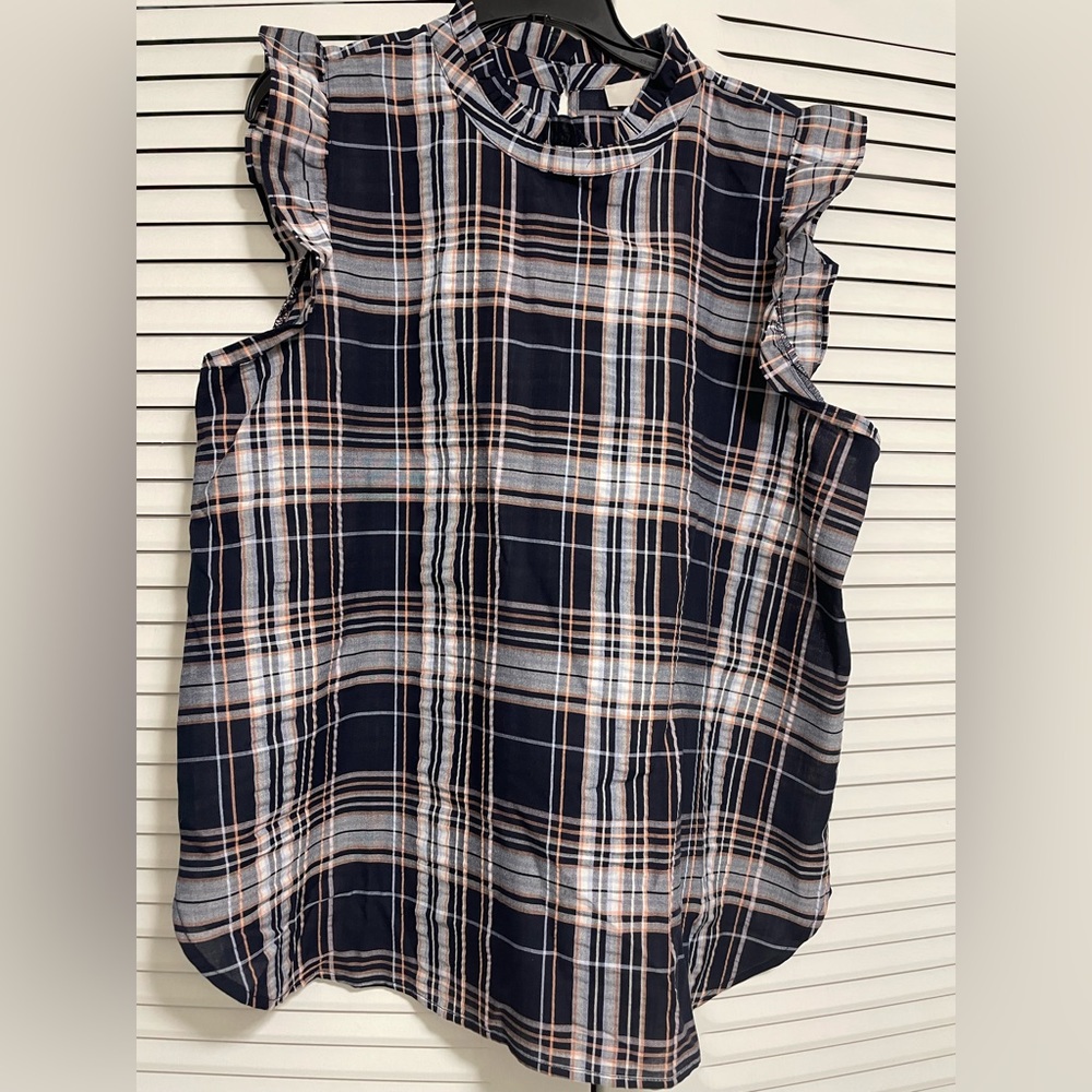 NWT LOFT Plaid Top with Ruffled Neck & Sleeve, keyhole closure in the back